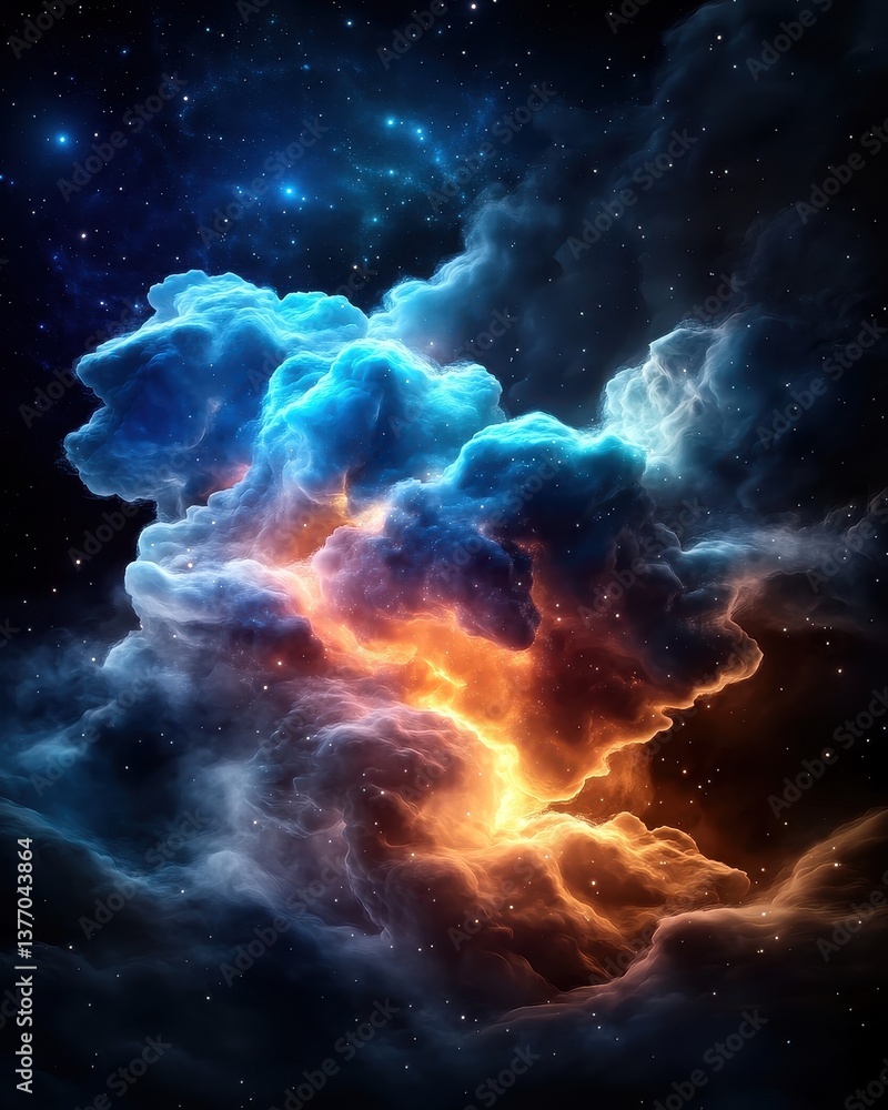 A vibrant cosmic dust storm illuminated by a distant pulsar glows with intense blue and orange hues against a backdrop of glitte stars in a breathtaking space nebula scene. A vibrant cosmic dust storm illuminated by a distant pulsar glows with intense blue and orange hues against a backdrop of glitte stars in a breathtaking space nebula scene.