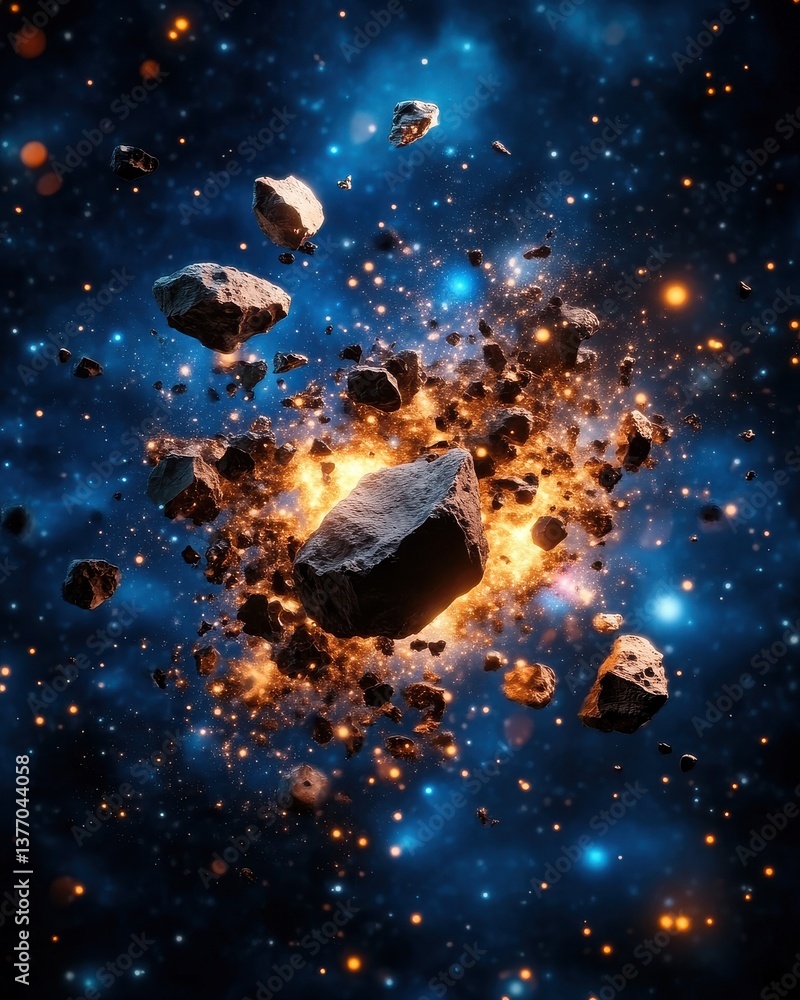 Fototapeta premium A breathtaking 3D rende showcases a dramatic cosmic collision of asteroids amidst a vibrant nebula; fiery debris and glowing gases fill the vast, dark expanse of space.