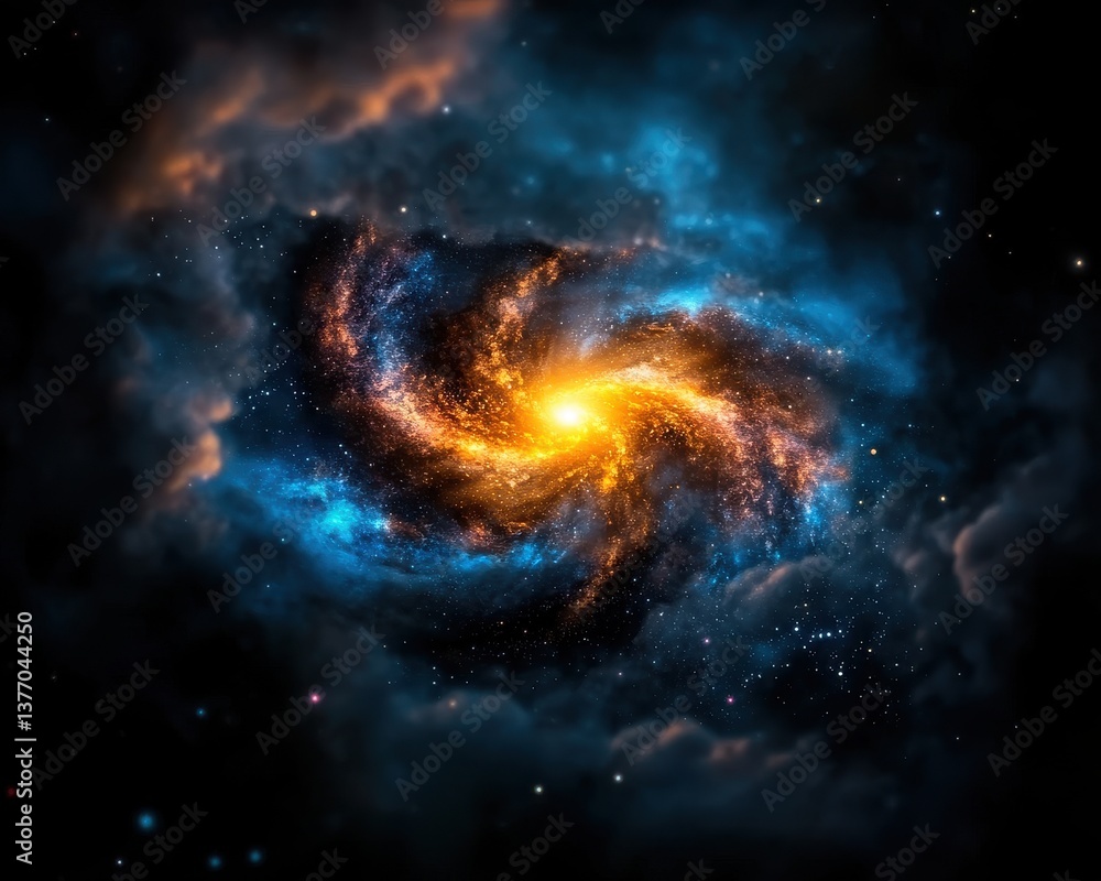Obraz premium A mesmerizing cosmic swirl of vibrant orange and blue nebulae, swirling galaxies, and glitte stars creates a mystical and breathtaking high-resolution background image perfect