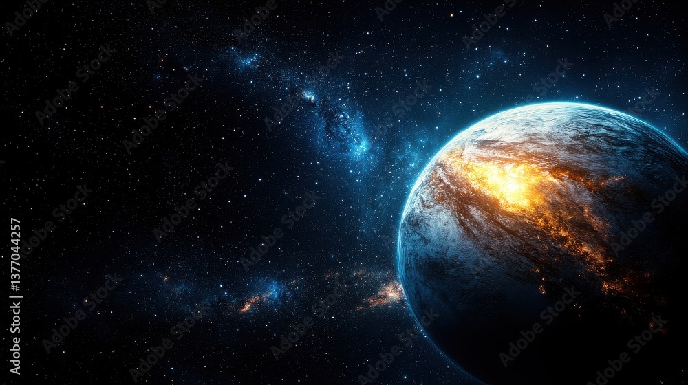 Obraz premium A breathtaking 4K high-resolution image showcases a fiery planet engulfed in flames amidst a vast expanse of nebulae galaxies and scattered stars in the infinite universe.
