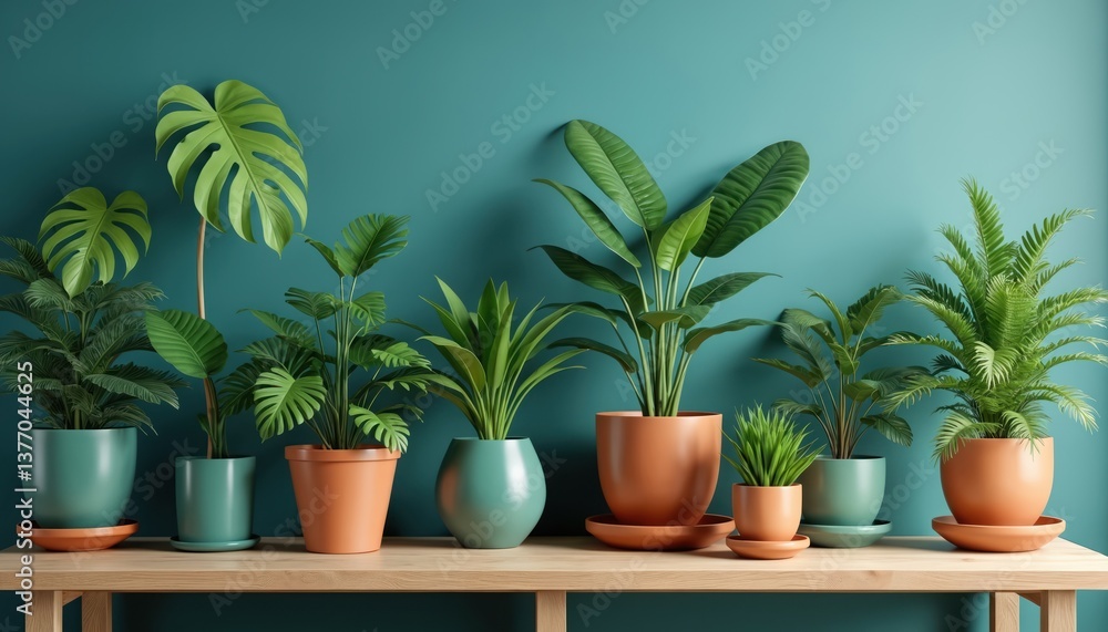Collection of diverse indoor plants in pots on wooden shelf, against teal blue wall. Home decor, indoor gardening, various sizes, shapes, colors of leaves. Plants create cozy, relaxing interior Collection of diverse indoor plants in pots on wooden shelf, against teal blue wall. Home decor, indoor gardening, various sizes, shapes, colors of leaves. Plants create cozy, relaxing interior