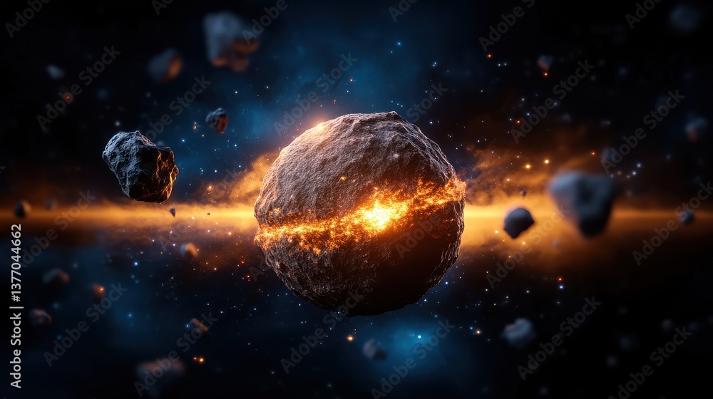 Obraz premium A breathtaking ultra-realistic cosmic vortex dramatically pulls in asteroids and celestial debris amidst a fiery explosion in deep space, a 4K high-resolution digital artwork.