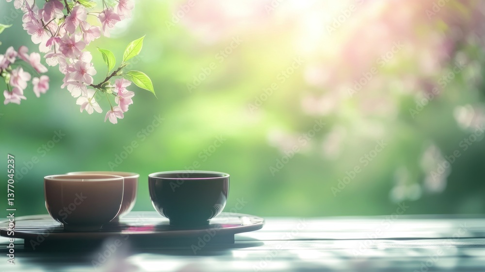 Enjoying Tea Ceremony with Blossom Background for Relaxing Spring Atmosphere Enjoying Tea Ceremony with Blossom Background for Relaxing Spring Atmosphere