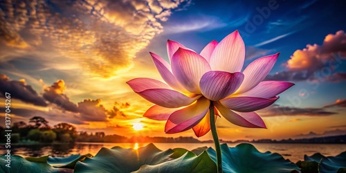 Silhouetted Lotus Flower at Sunset - Peaceful Nature Photography