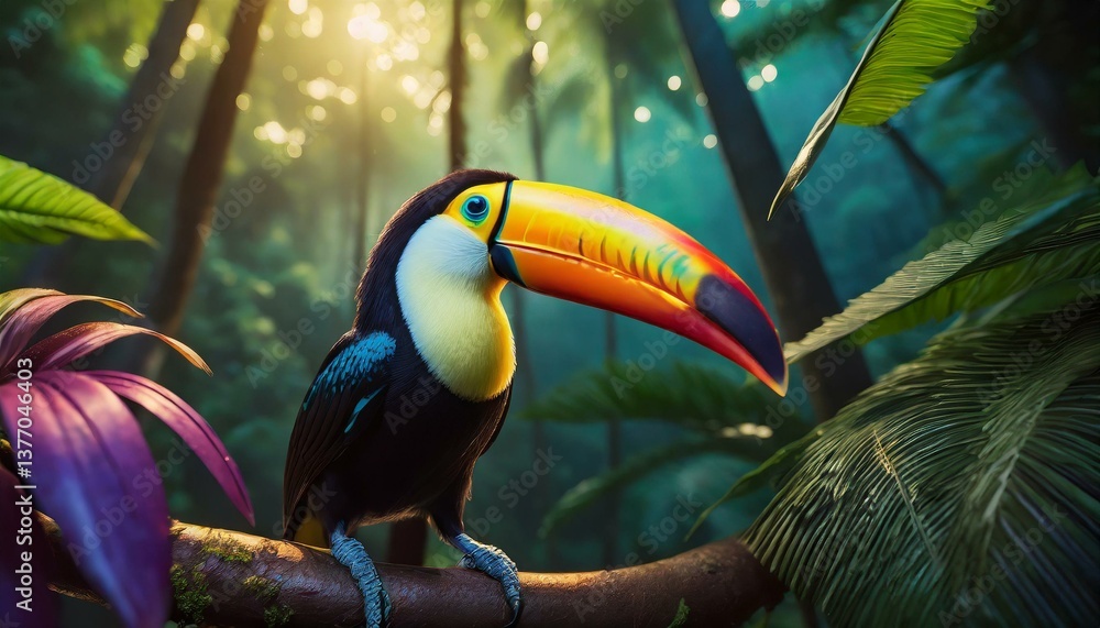 Fototapeta premium Jungle with a soft, diffuse glow. A toucan emerges in an atmosphere of mystery and enchantment.