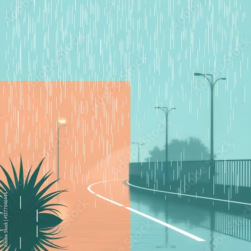 A modern street on a rainy day with pastel tones
Minimal cityscape where raindrops meet silence and calm