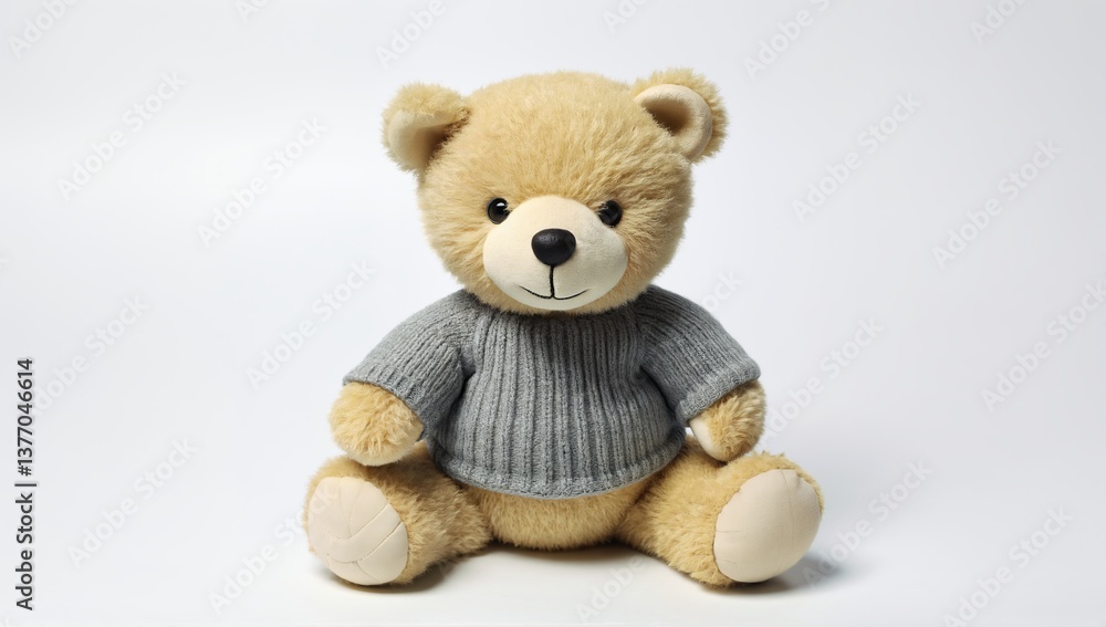 Obraz premium Adorable teddy bear wearing a cozy knit sweater against a plain backdrop