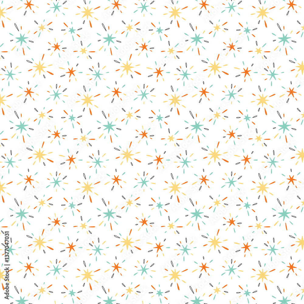 Vector fireworks celebration, seamless repeat twinkle stars pattern design background, gift wrap paper Vector fireworks celebration, seamless repeat twinkle stars pattern design background, gift wrap paper
