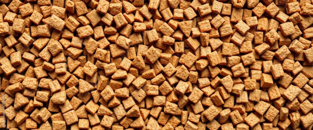 Brown kibble pieces form a textured, geometric pattern , healthy, textured background Brown kibble pieces form a textured, geometric pattern , healthy, textured background