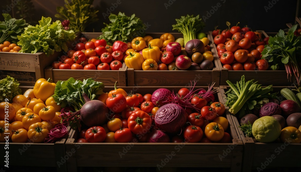 Fresh Vegetables and Fruits in Wooden Boxes. Fresh Vegetables and Fruits in Wooden Boxes.