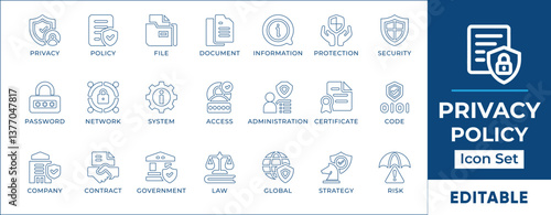 Privacy and policy line icon set featuring data protection, security, compliance, user rights, GDPR, cyber law, confidentiality, encryption, and secure authentication.