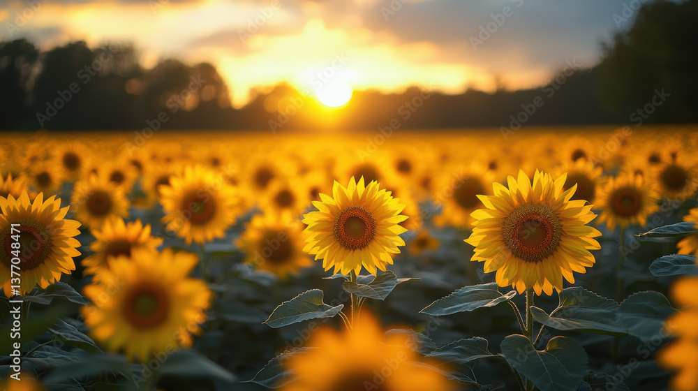 Fototapeta premium vibrant sunflower field glowing under golden sunset, with neatly arranged blooms creating serene and picturesque scene
