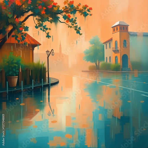 Rainy streets reflecting golden autumn tones
A quiet village scene filled with cozy afternoon stillness