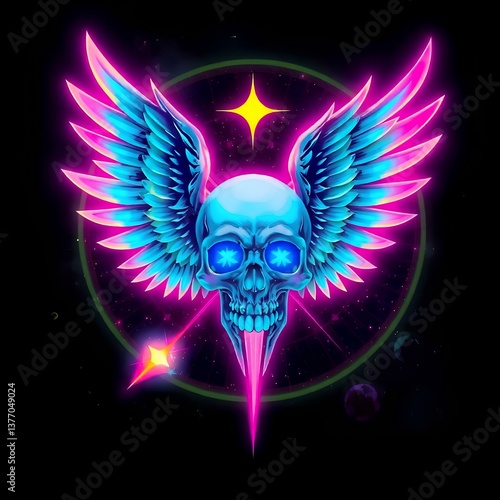 A glowing skull with vibrant pink and blue wings,
floating in space with radiant stars shining in the background,
creating a surreal neon aesthetic.

