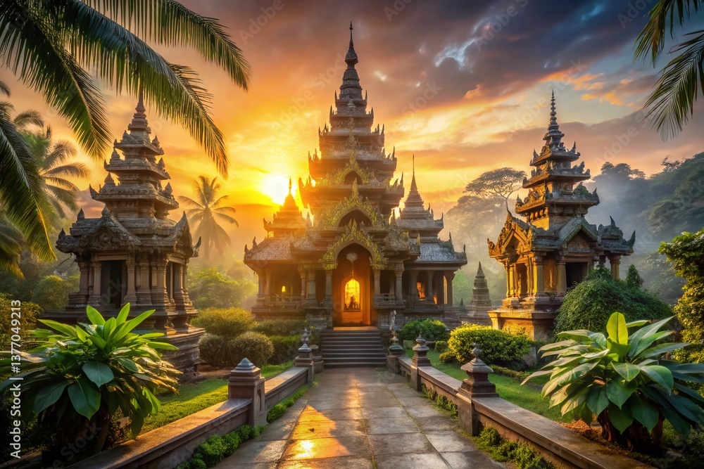 Fototapeta premium Southeast Asia Architectural Wonders: Stunning Sunrise Over Ancient Temples