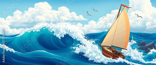 Cartoon storm at sea; sailboat with orange and white sail braves huge waves, rocky horizon, seagulls fly amidst white clouds, nature, boat