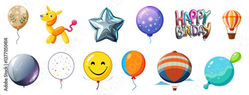 A collection of colorful illustrations featuring various balloon types—traditional, animal-shaped, and themed designs. Ideal for party decor, invitations, kids' products, and festive illustrations.