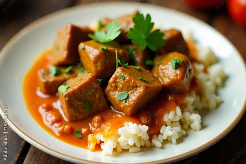 Close up of aromatic lamb korma with basmati rice, garnished with cilantro, gourmet, Indian, cuisine Close up of aromatic lamb korma with basmati rice, garnished with cilantro, gourmet, Indian, cuisine