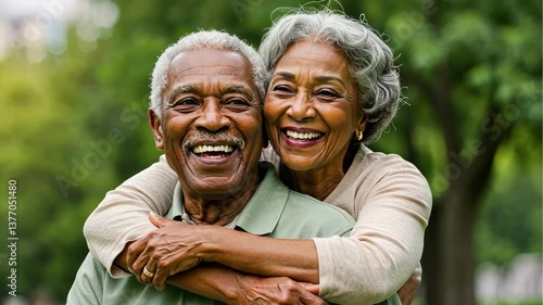 Wallpaper Mural African american elderly couple smiles joyfully as they embrace each other in a lush green park. Torontodigital.ca
