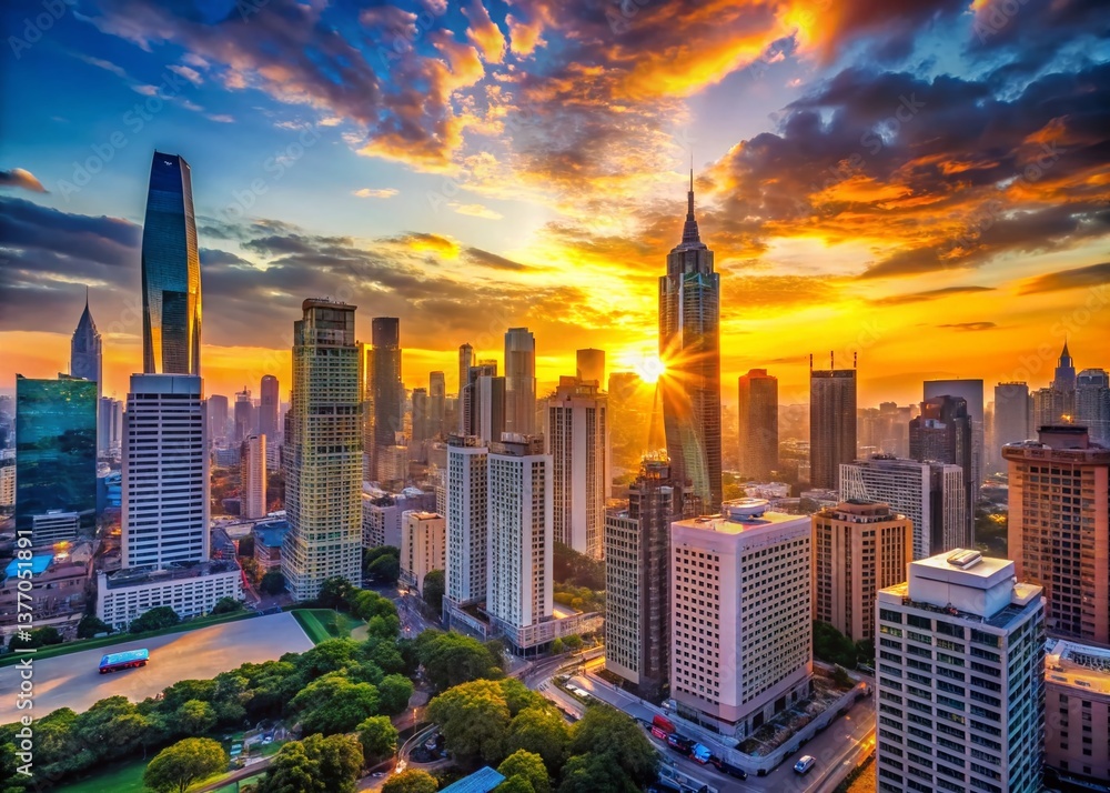 Obraz premium Stunning City Skyline at Dawn, High-Resolution Stock Photo
