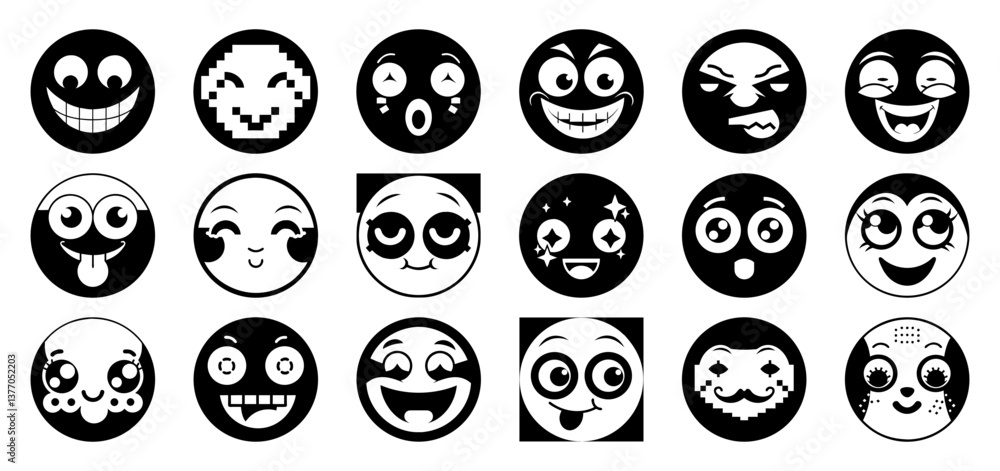 A collection of black and white, stylized faces with various expressions, resembling emojis or icons. A collection of black and white, stylized faces with various expressions, resembling emojis or icons.