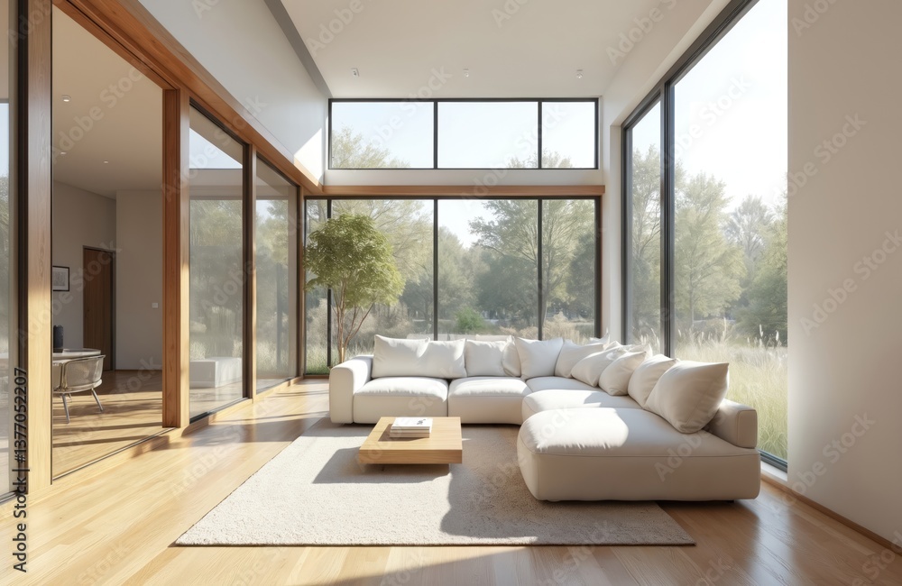 Fototapeta premium Modern living room design with white sofa. Large windows glass wall, natural light, wooden floor. Minimalist interior with cozy, comfortable ambiance. Elegant home architecture, perfect for