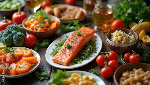 Culinary spread with fresh ingredients features salmon, vegetables, fruits. Dining table arrangement with salad, tomatoes, herbs, wine. Elegant food presentation, perfect for dinner. Healthy organic