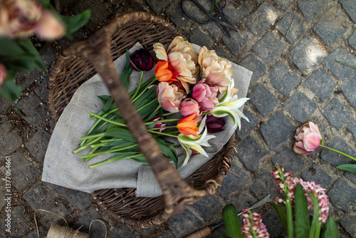 Collecting cut flowers in basket in spring garden