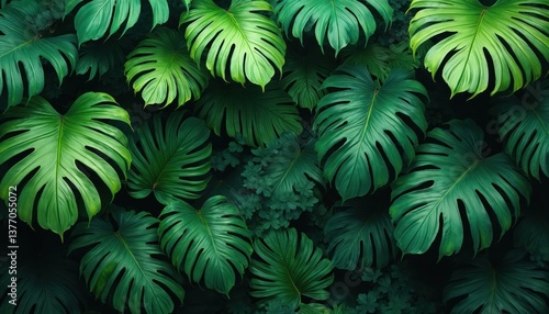 Overhead view tropical leaves in full bloom. Lush green foliage with vibrant colors. Exotic Monstera plants. Natural background for eco design, fresh summer vibes, jungle or botanical garden decor.