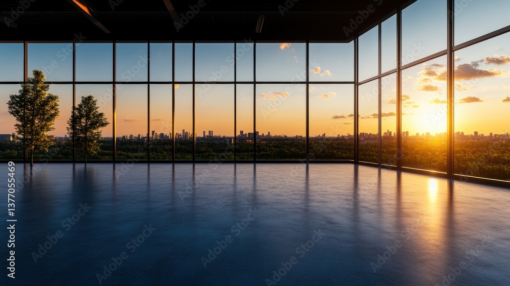 Fototapeta premium Modern minimalist interior design featu floor-to-ceiling with panoramic sunset views over a vibrant cityscape and tree line landscaping