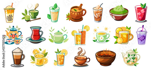 A collection of colorful illustrations showing various tea and beverage types, both hot and cold, in diverse presentations. Ideal for menus, cafe branding, packaging, and food-themed designs.
