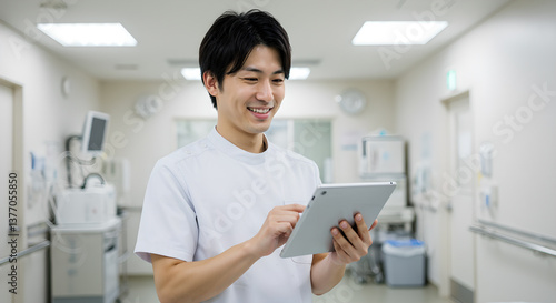Japanese nurse using tablet, AI generated
