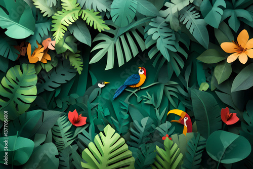 A colorful jungle scene with birds and flowers