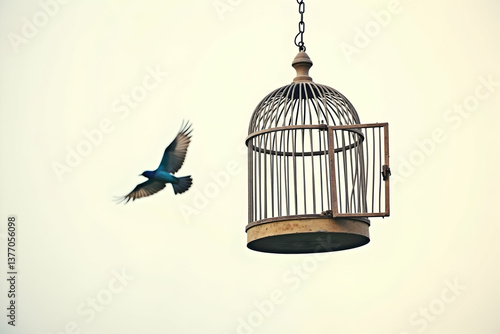 A Hauntingly Beautiful High Contrast Photograph of a Bird Escaping an Open Cage, Symbolizing Freedom, Hope, and Overcoming Obstacles in Life's Journey