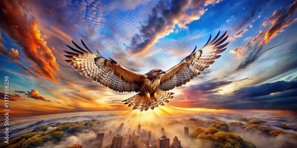 Obraz premium Surreal Hawk Soaring Above Dreamlike Landscape: Mystical Bird of Prey