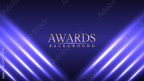 Golden blue purple award background. Jubilee night decorative invitation. Trophy on stage platform with spotlight. Wedding entertainment hollywood bollywood night. Elegant luxury steps floor.	
