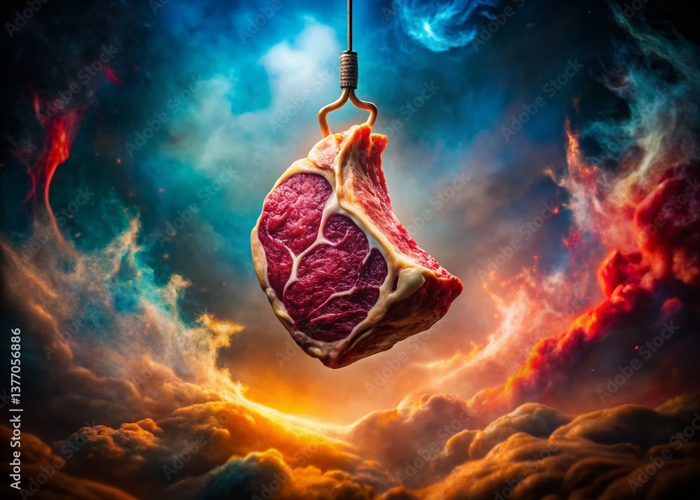 Surreal Meat Hook: Floating Rib Eye Steak, Abstract Butcher Shop