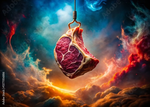 Obraz na płótnie Surreal Meat Hook: Floating Rib Eye Steak, Abstract Butcher Shop w salonie