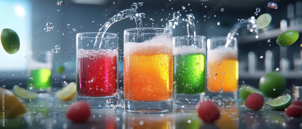 Fototapeta premium Glass laboratory beakers filled with various neon-colored liquids, creating a visually striking and futuristic scene as the liquids bubble and glow.