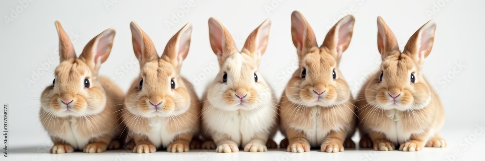 Obraz premium Close-up of five tiny cute bunnies looking directly at camera on white surface, adorable, five, small animals