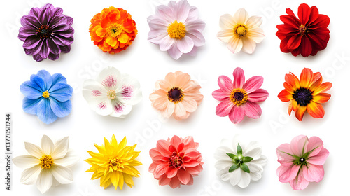 A row of colorful flowers with a white background