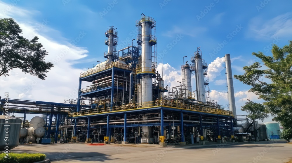 Obraz premium Industrial Chemical Plant Processing, Outdoor, Sunny Day, Refining