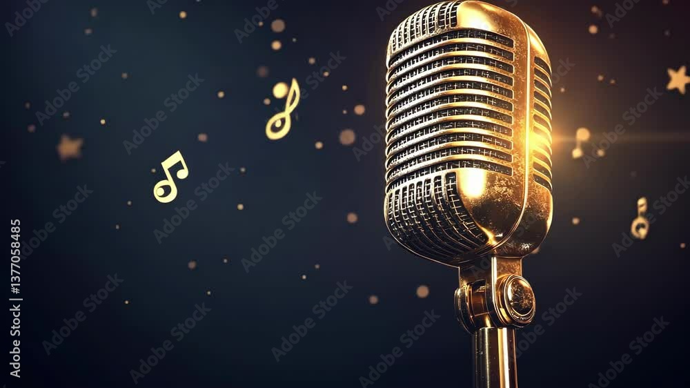 Retro vintage microphone sparkling in golden lights on stage
