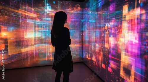 Woman immersed in vibrant, abstract digital art projection