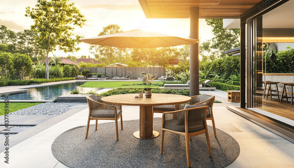Fototapeta premium An ultra-luxurious outdoor patio space featuring a high-quality teak dining set consisting of a round wooden table and four elegant chairs. The patio is designed for an affluent American lifestyle, wi