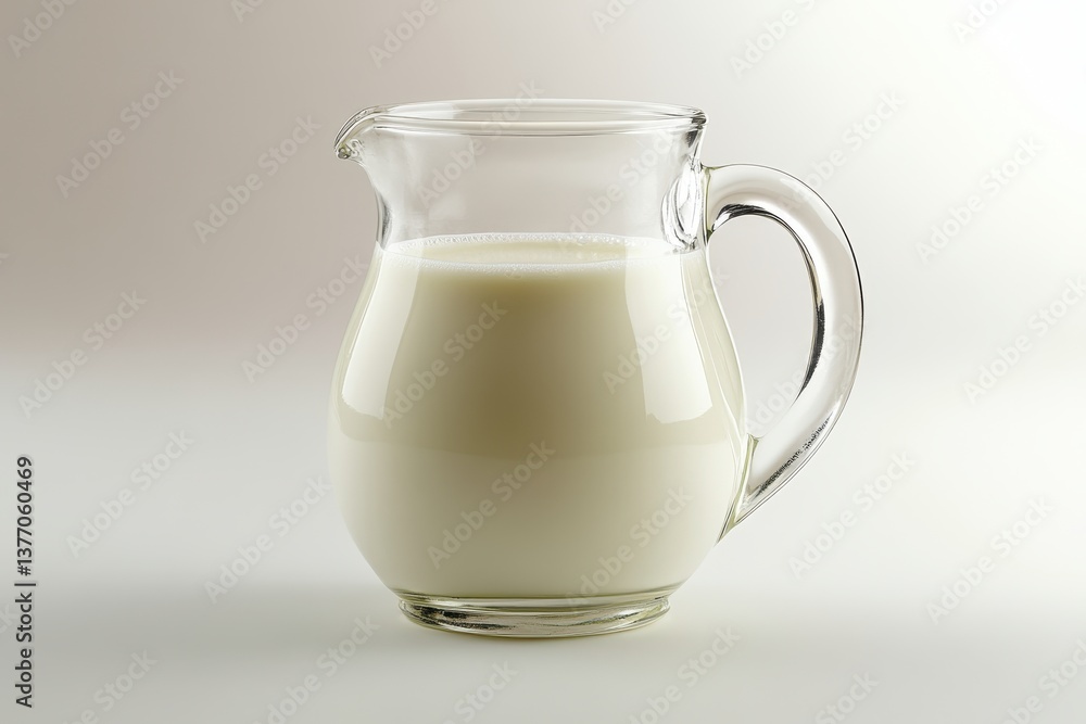 Glass Jug Filled with Fresh Milk on a Soft Neutral Background Glass Jug Filled with Fresh Milk on a Soft Neutral Background