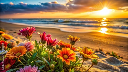 Vibrant Beach Flowers: Shallow Depth of Field, Sunlit Coastal Blooms