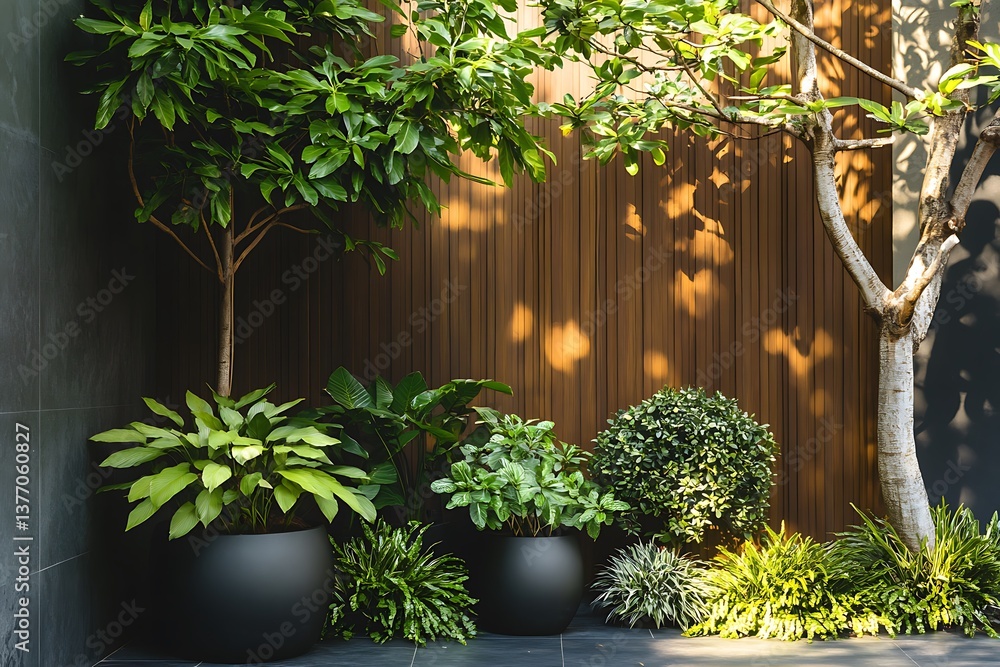 Fototapeta premium Various green plants thriving in black pots in a contemporary backyard garden, creating a tranquil and stylish outdoor space
