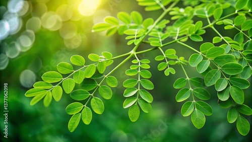 Vibrant Green Moringa Leaves with Bokeh Background - Stock Photo