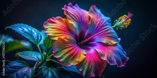 Vibrant Hibiscus Bloom in Low Light, Close-Up Macro Photography